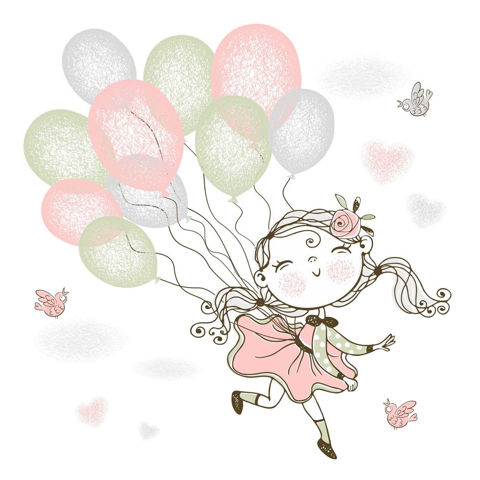 una niña linda está volando en globos. vector