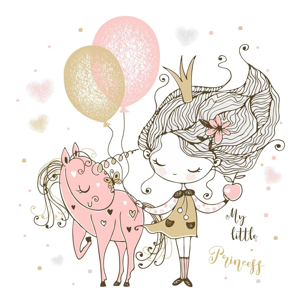 A little cute Princess with a unicorn and balloons. vector