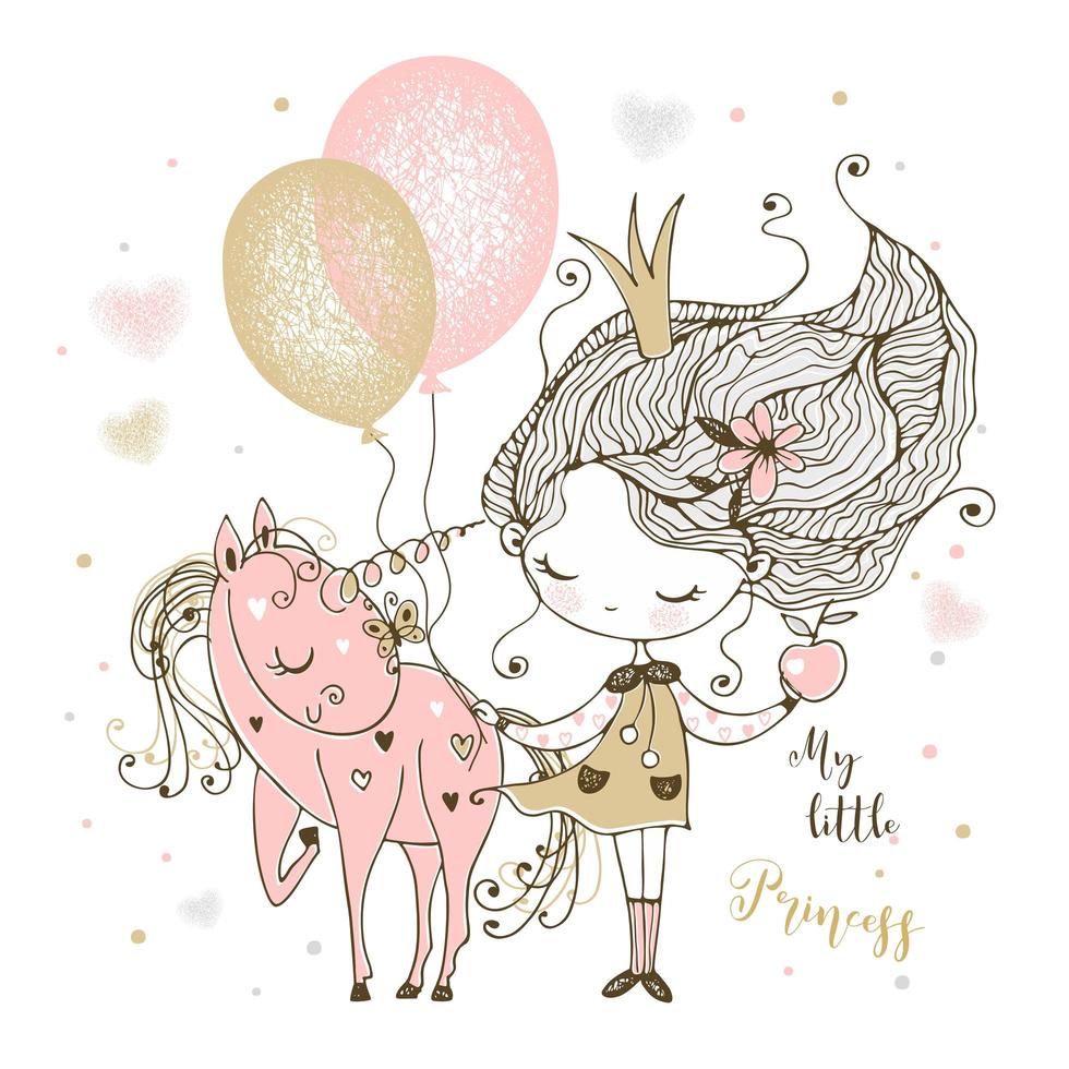 una pequeña princesa linda con un unicornio y globos. vector