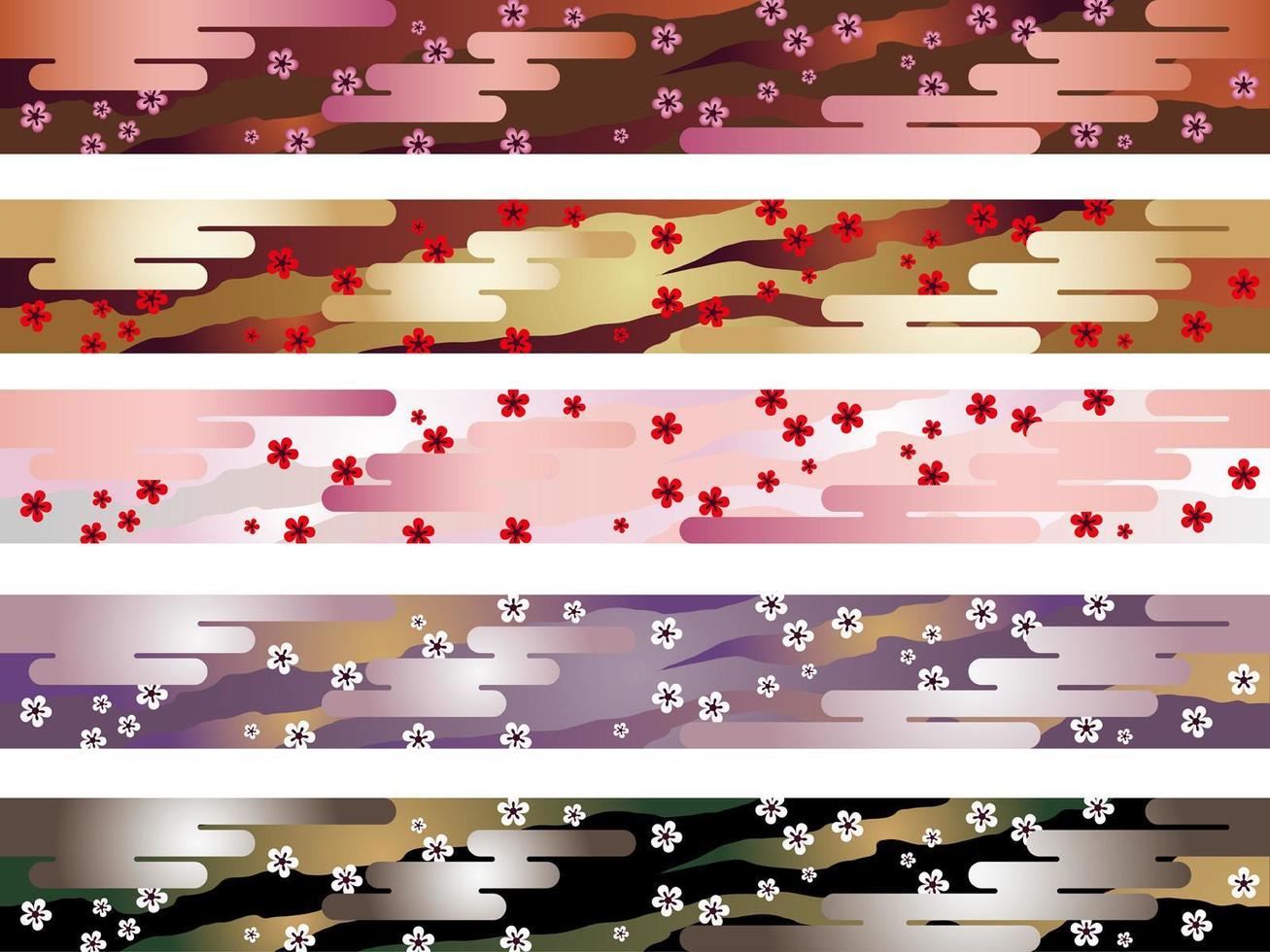 Set Of Seamless Japanese Traditional Pattern In Five Colors. vector