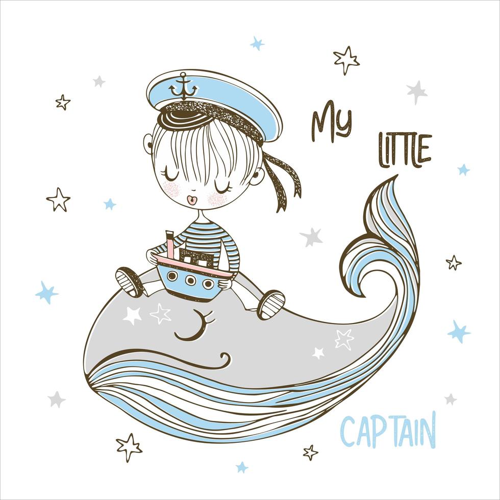 Cute boy in captain's cap swimming on big whale vector