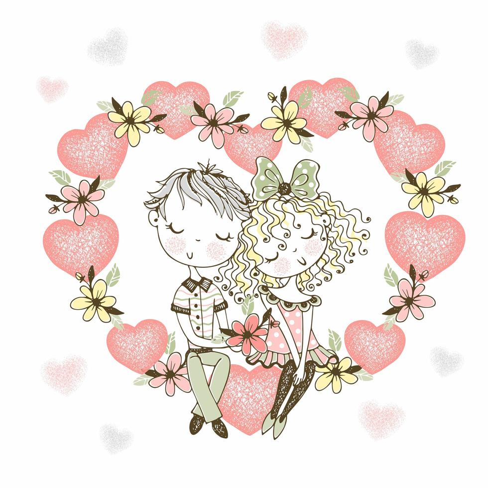 niña y niño enamorados en corazón de flores vector