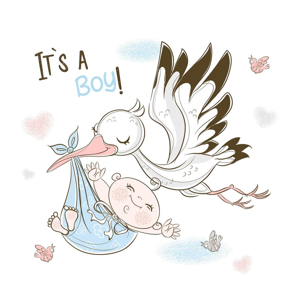 A stork carries a baby boy. Birthday card vector