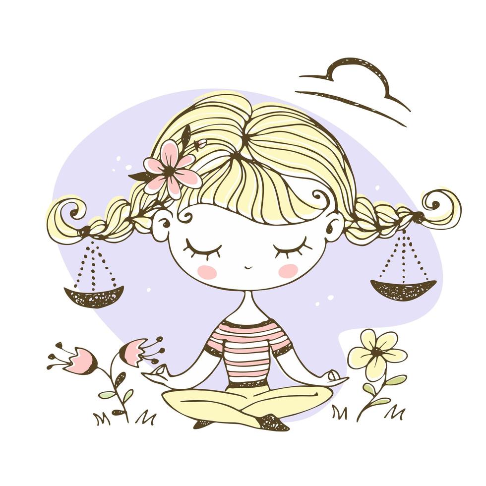 Libra zodiac sign. Cute girl in the lotus position. vector