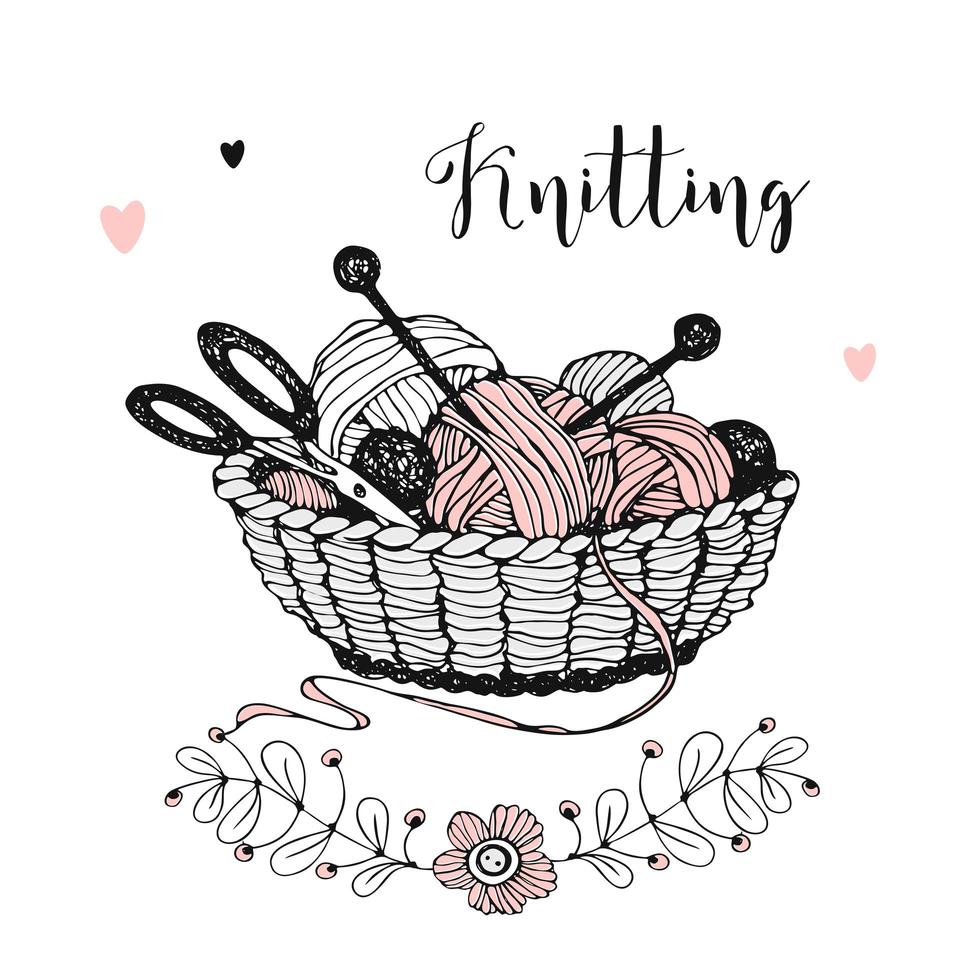 Basket with knitting, skeins of yarn, wool and needles. vector