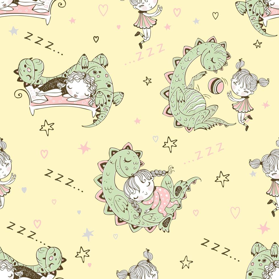 Seamless pattern with dinosaurs and small children. vector