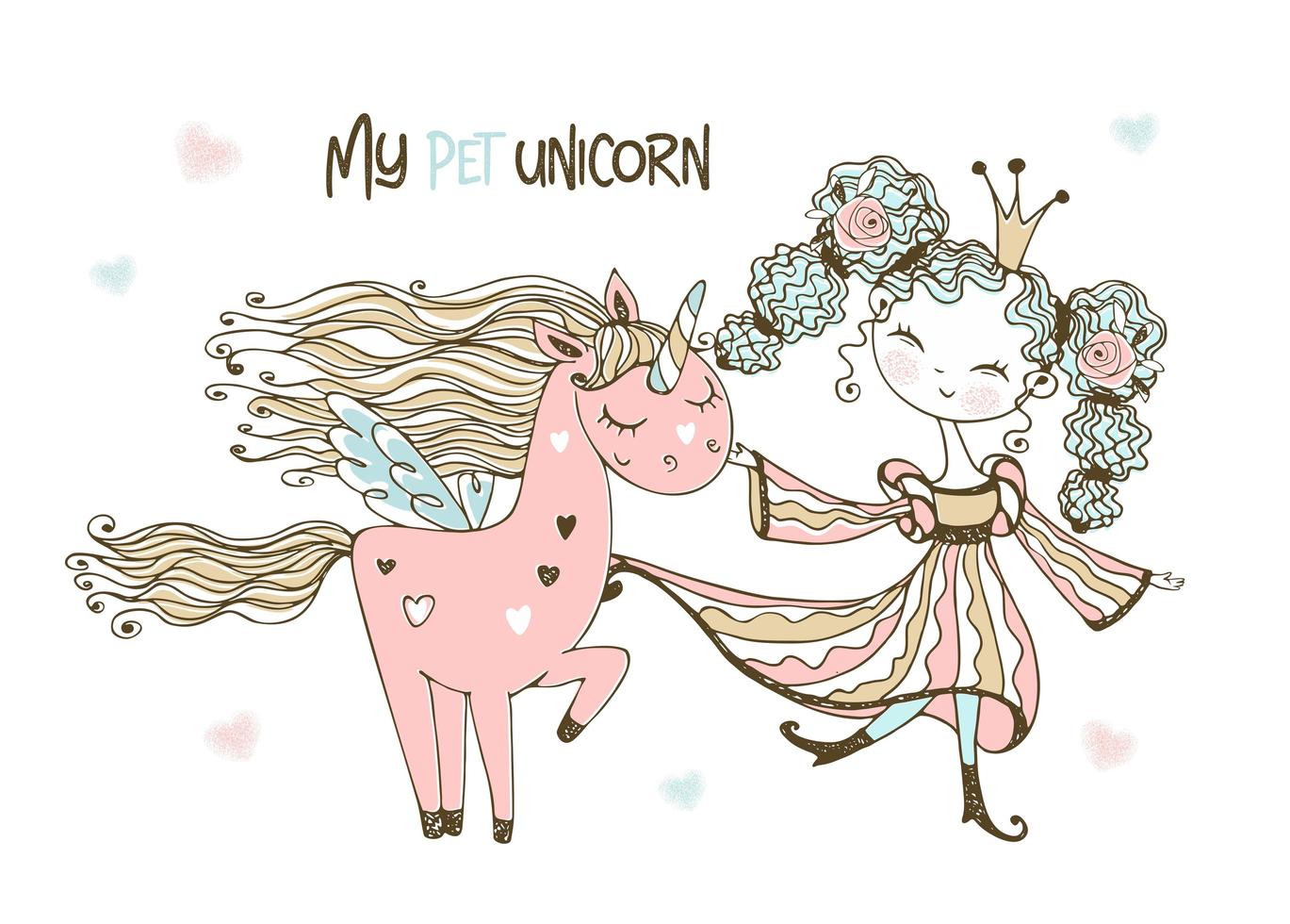 Cute Princess with her fabulous pink unicorn. vector