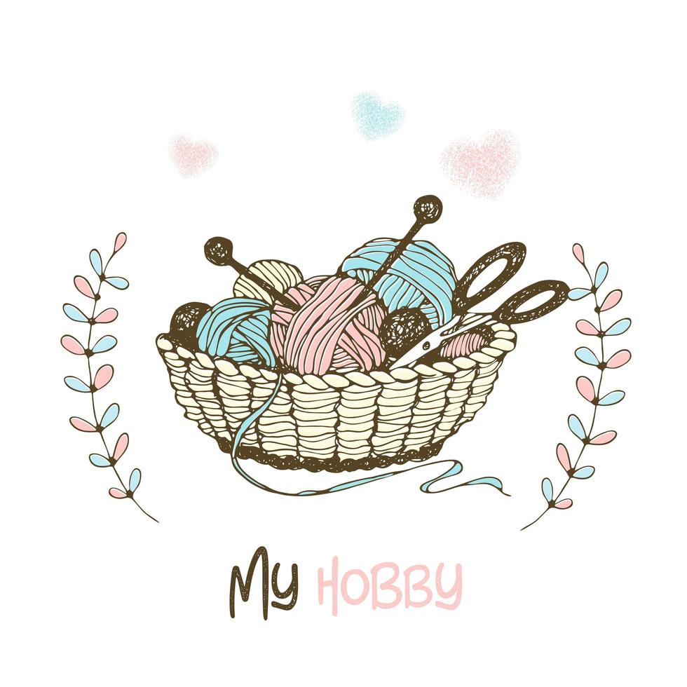 Basket with knitting, skeins of yarn, wool and needles. vector