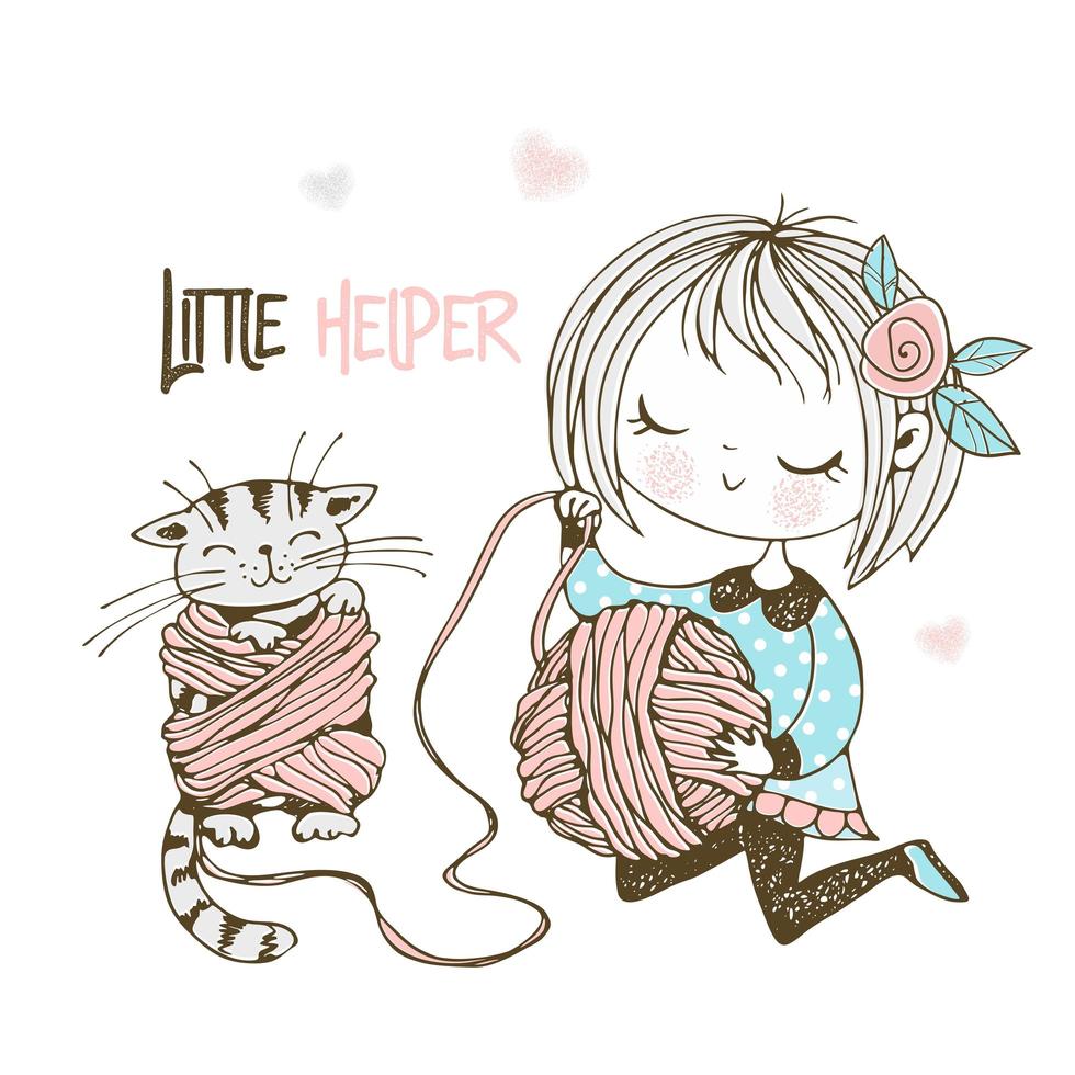 A little cute girl is winding yarn in a ball vector