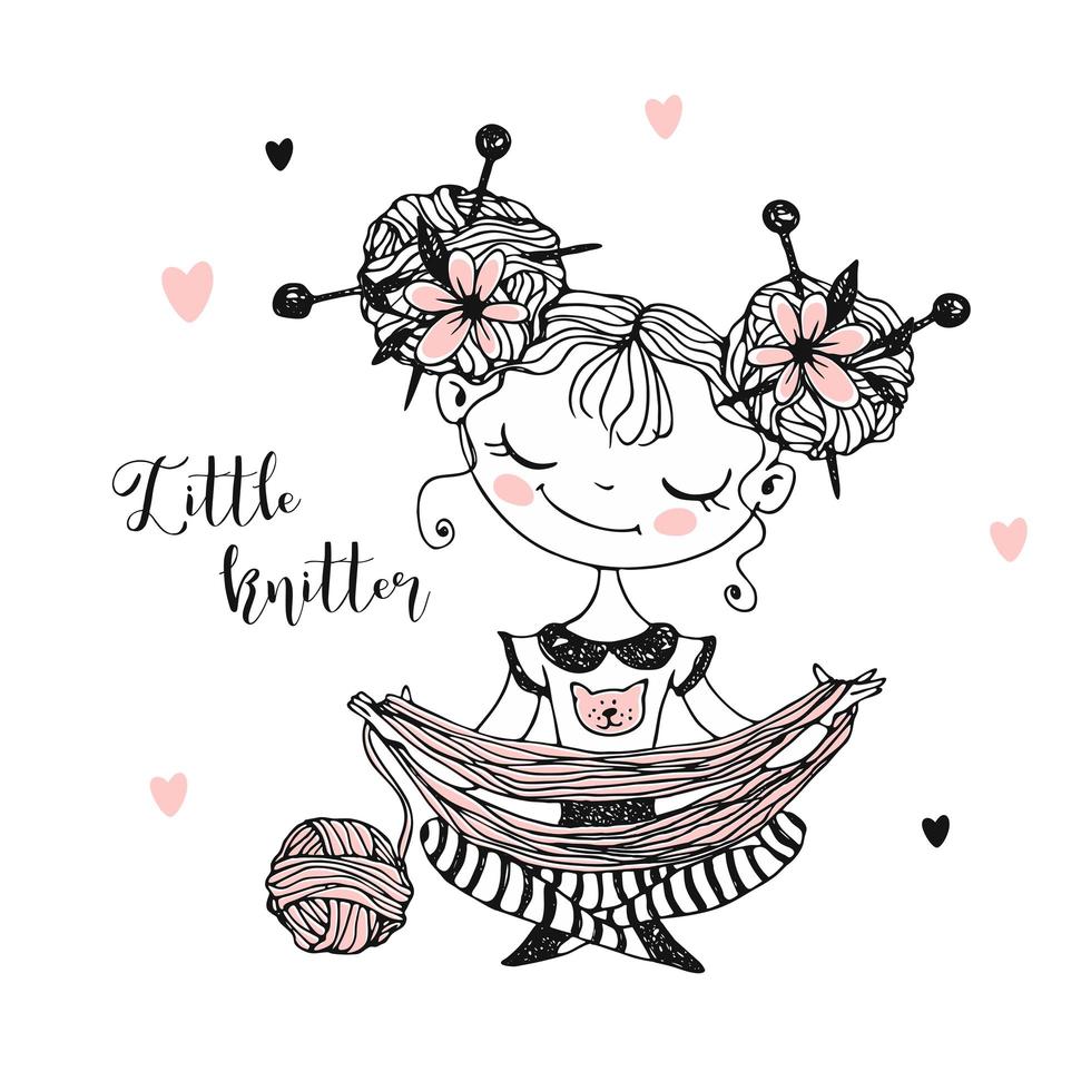 Sweet girl knitter unravels the yarn ball. vector