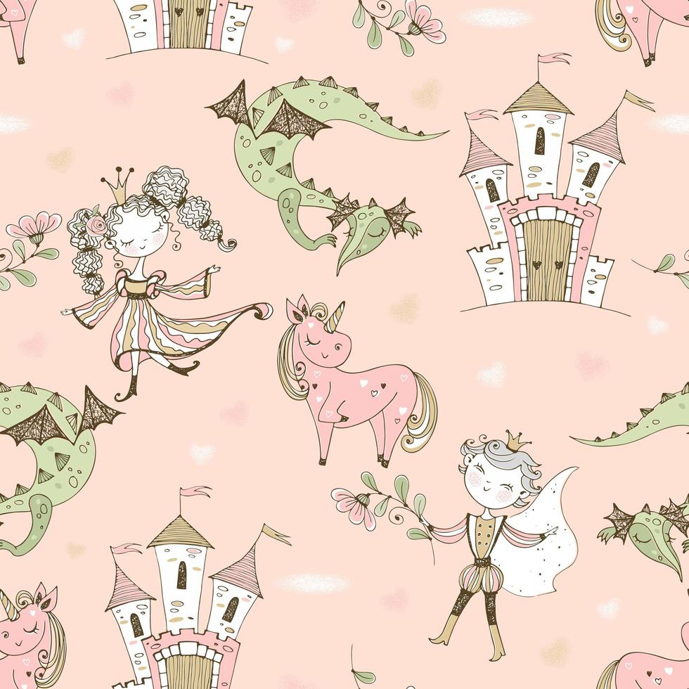 Seamless pattern fairyland with princesses and princes vector