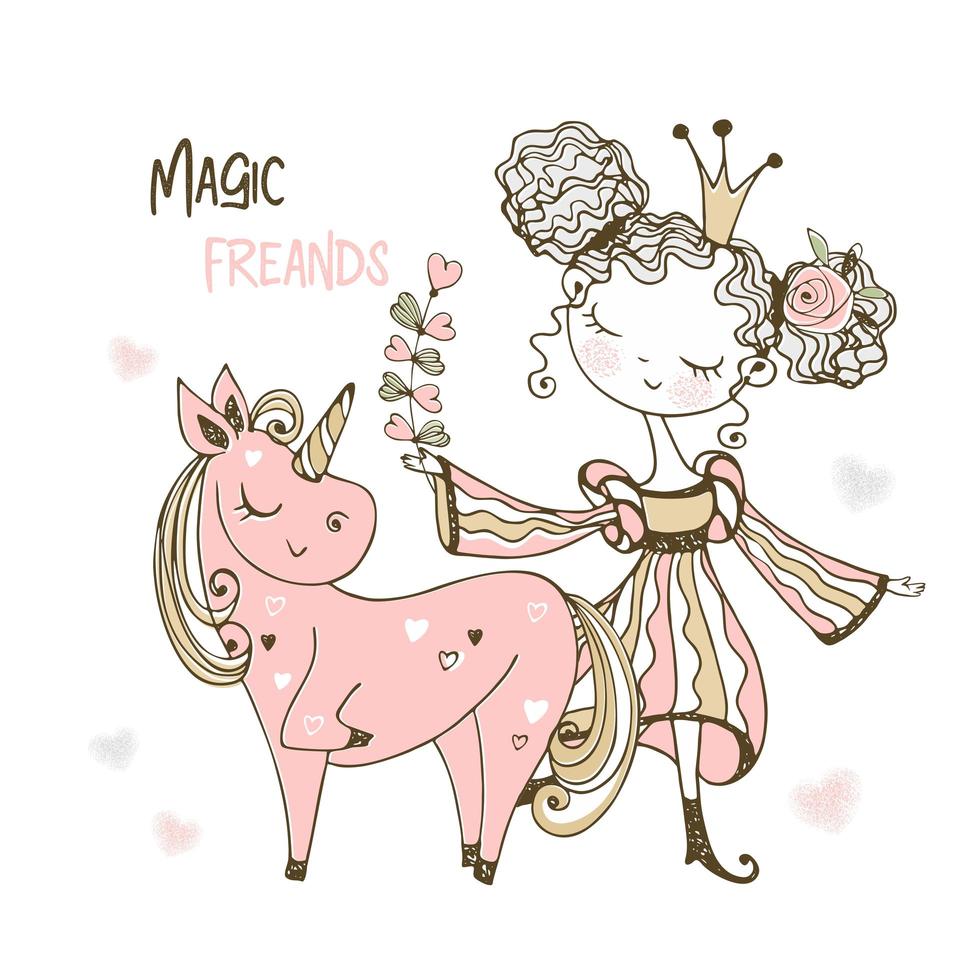 Cute little Princess and pink unicorn. vector