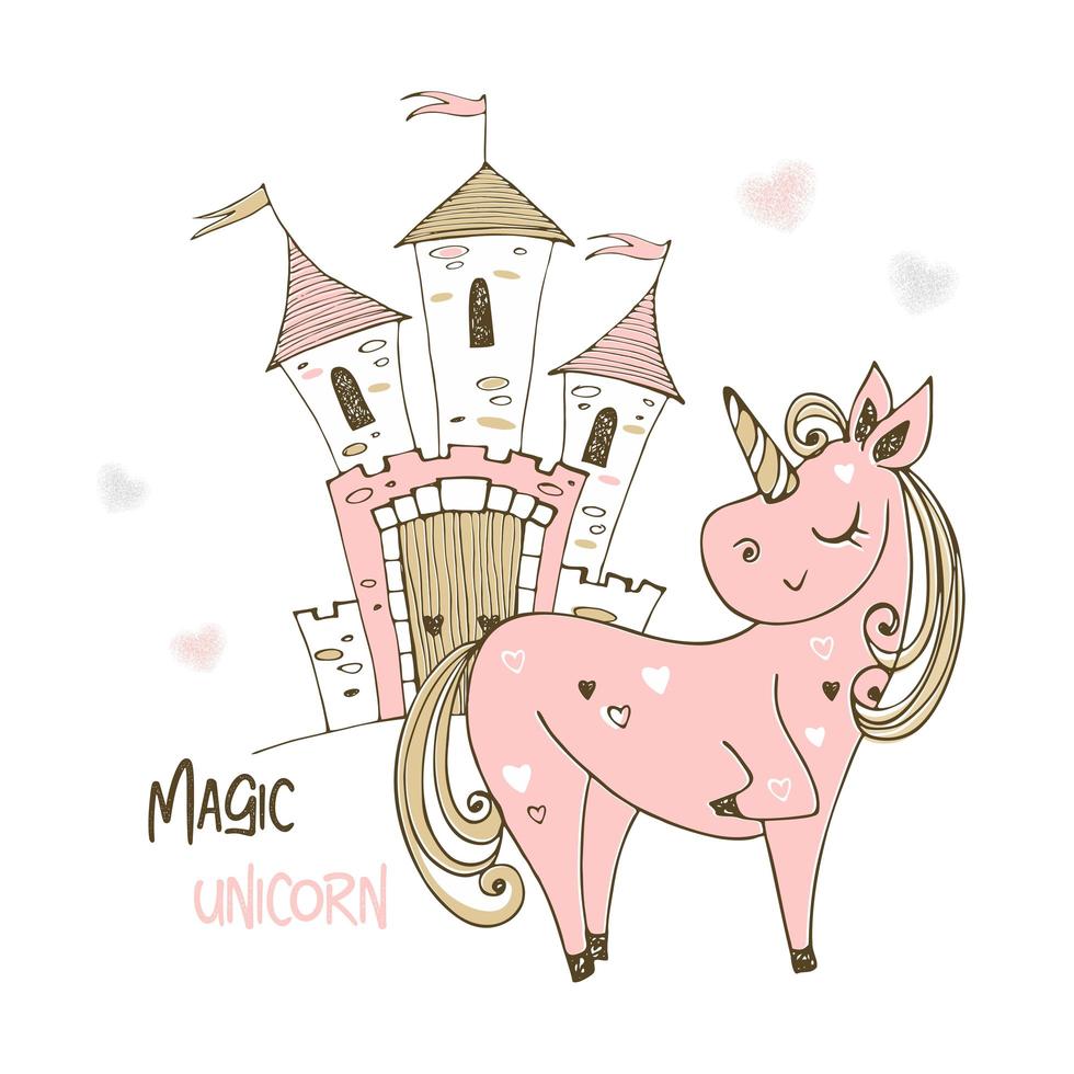 lindo unicornio y castillo de hadas. vector