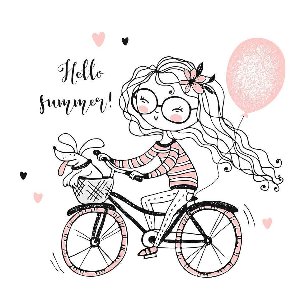 A girl with her pet rides a Bicycle vector