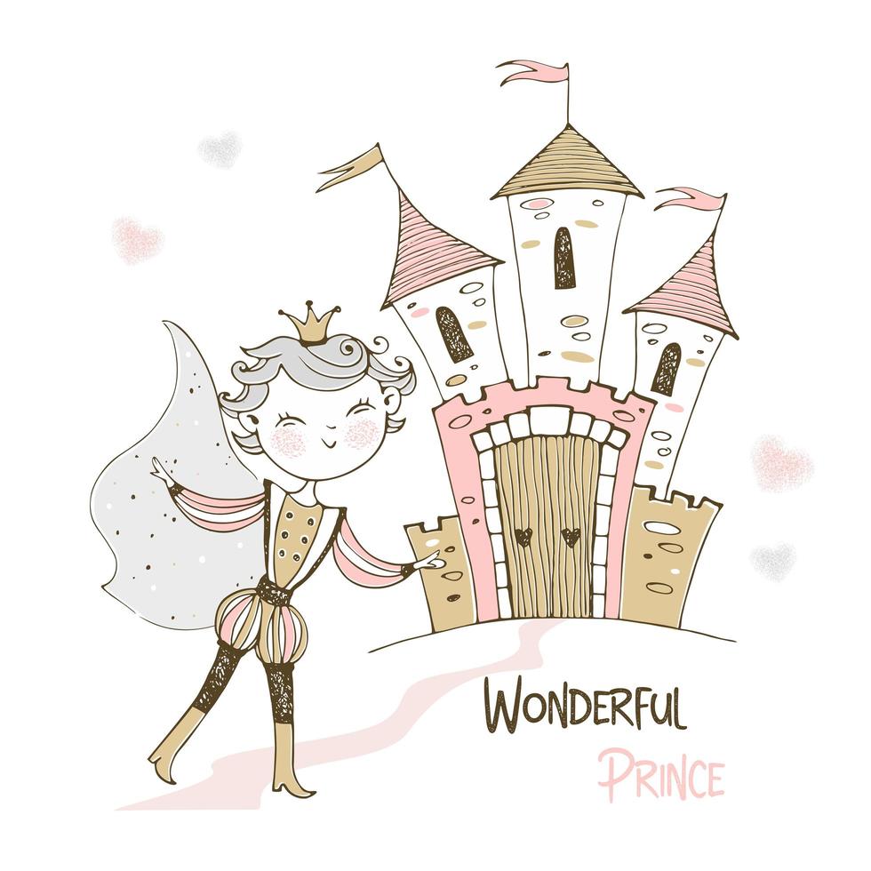 Cute Prince and a fairy-tale castle. vector