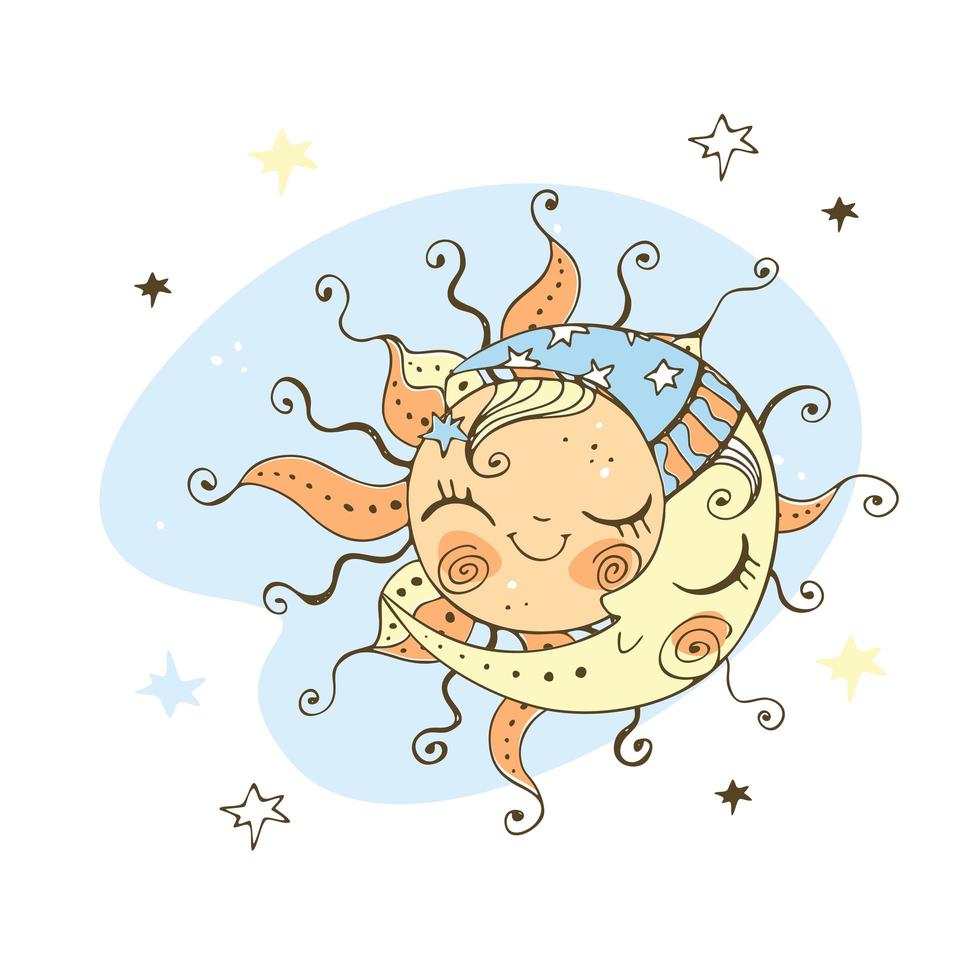 estilo de doodle de sol y luna para el tema de los niños. vector