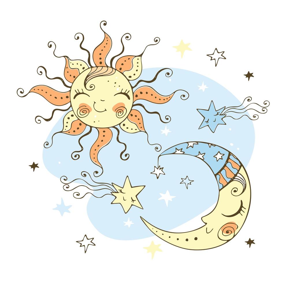 estilo de doodle de sol y luna para el tema de los niños. vector