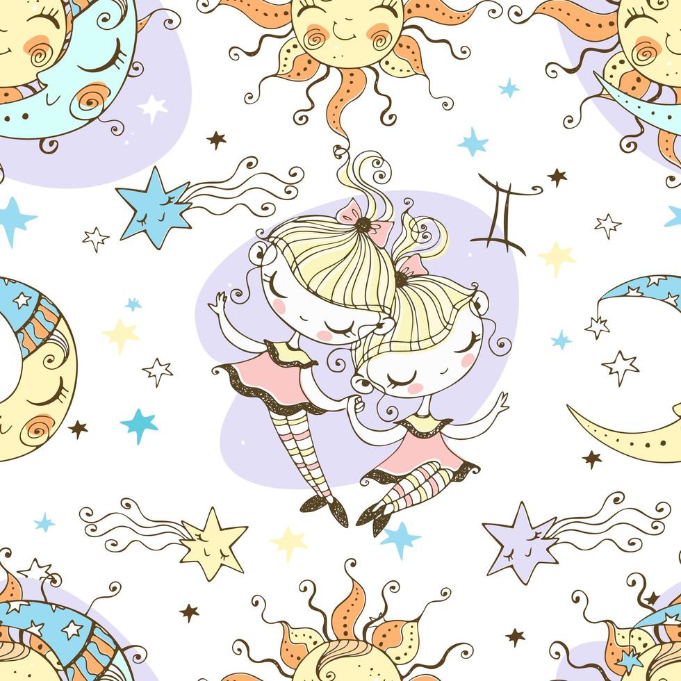 A fun seamless pattern for kids. Zodiac Gemini. vector