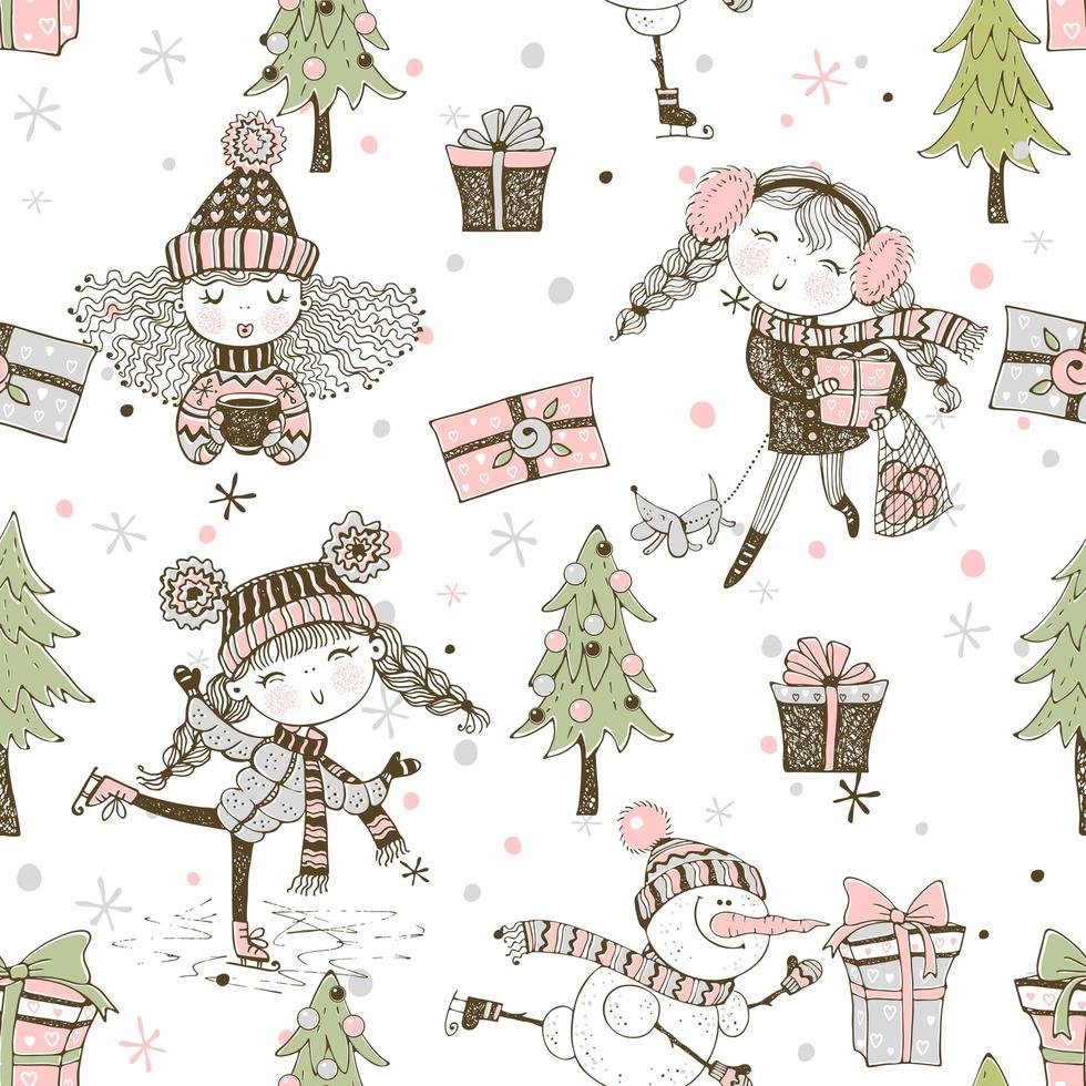 Seamless Christmas pattern with gifts and Christmas tree. vector