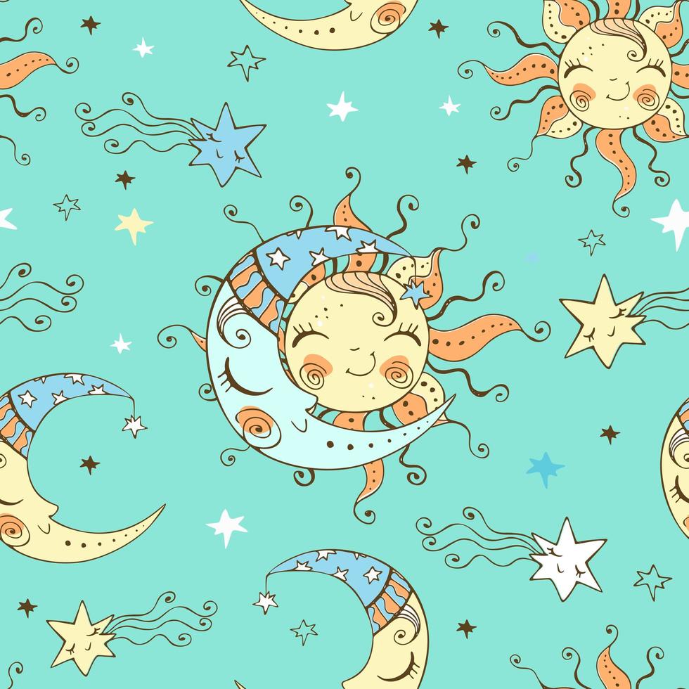 Cute sun and moon in the starry sky. vector