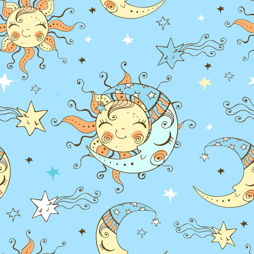Cute sun and moon in the starry sky. vector