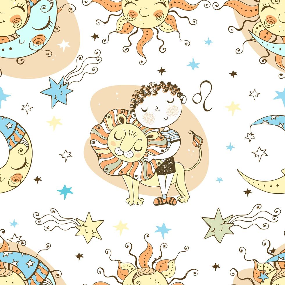 A fun seamless pattern for kids. Zodiac sign Leo. vector