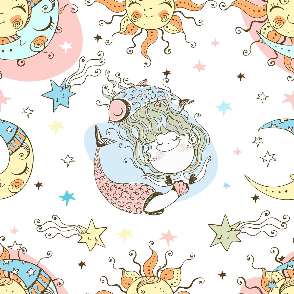 A fun seamless pattern for kids. Zodiac Pisces. vector