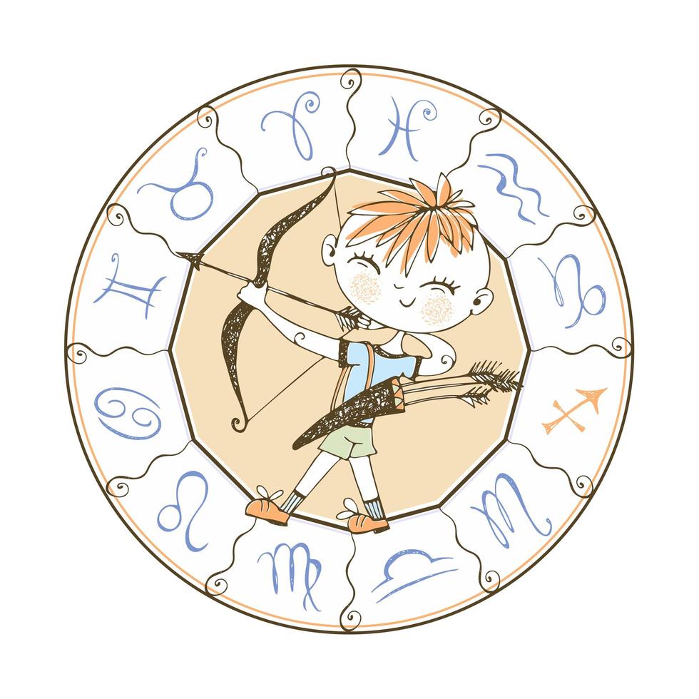 Children's zodiac. Sagittarius sign. Boy with a bow vector