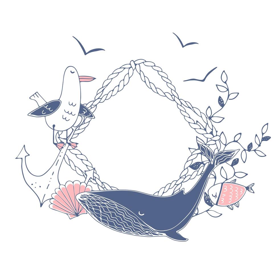 Nautical theme frame with whale, seagulls, seashells, fish. vector