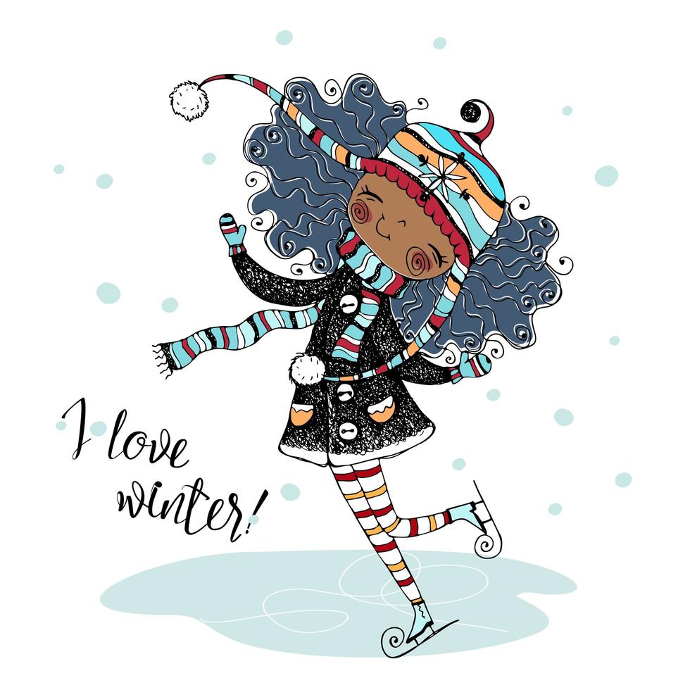 Cute black girl in a knitted hat skating in winter. vector