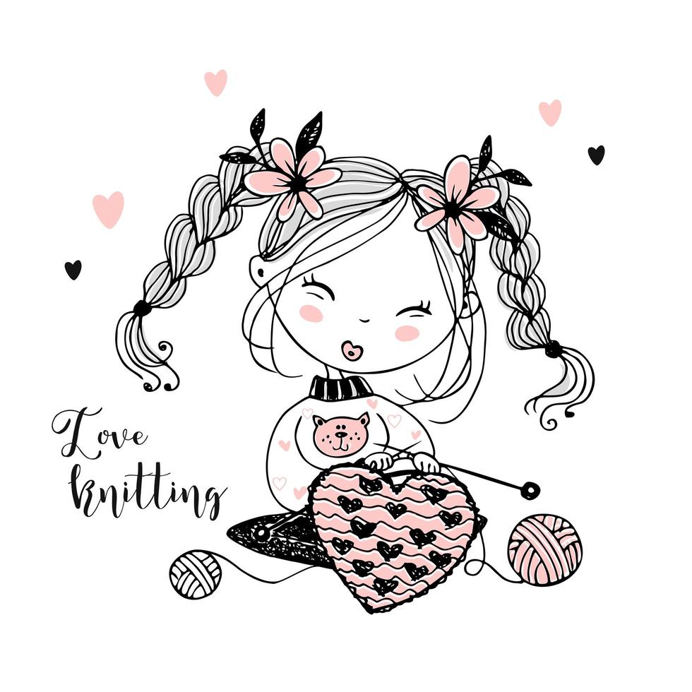 A cute little girl knits a woolen heart vector