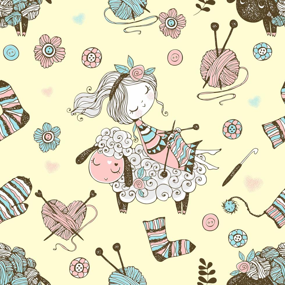 Seamless pattern with a cute knitter girl vector