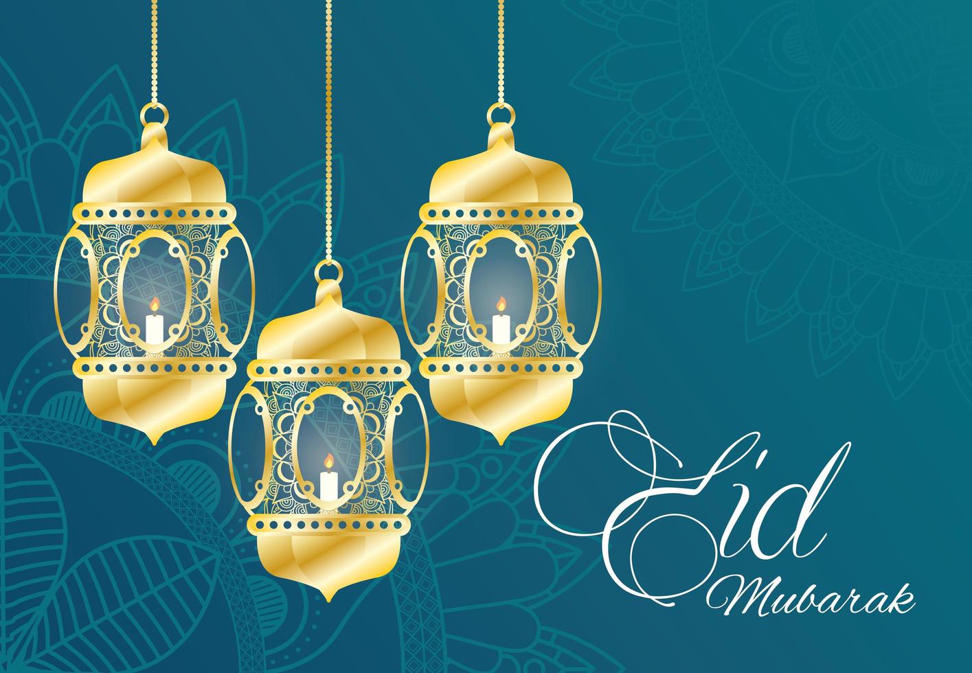 Banner de celebración de eid mubarak con lámparas colgantes. vector