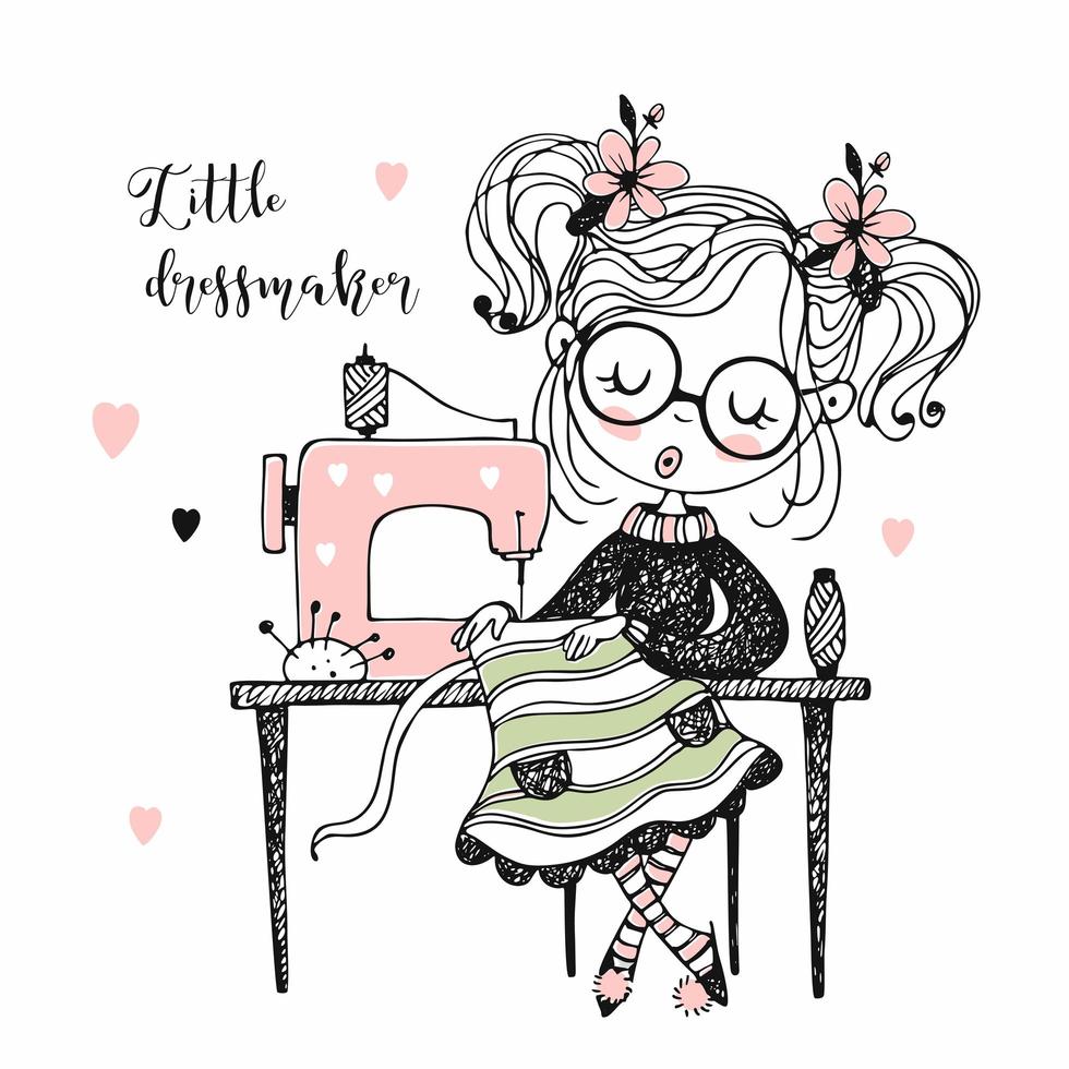 Cute girl seamstress sews on a sewing machine vector