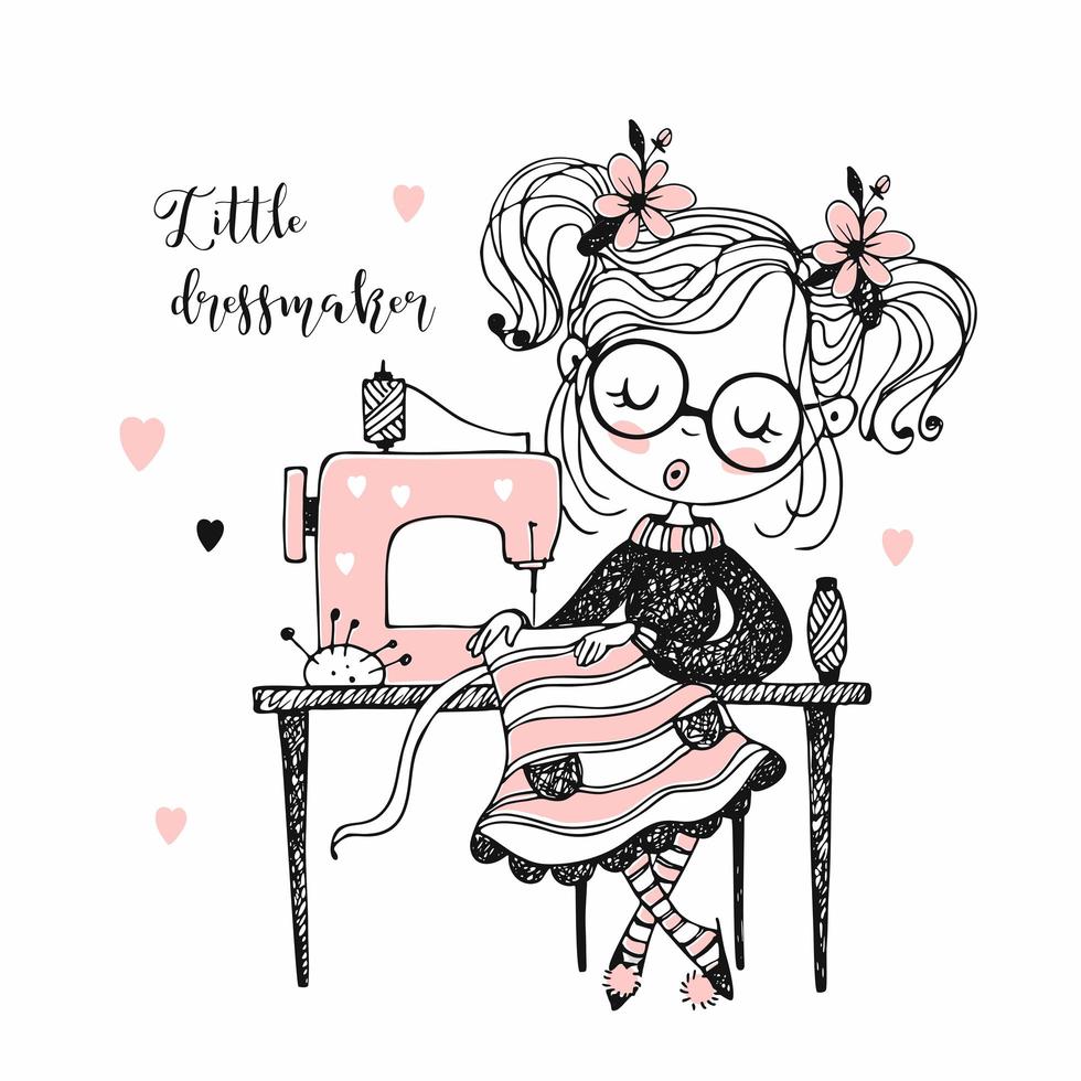 Cute girl seamstress sews on a sewing machine vector