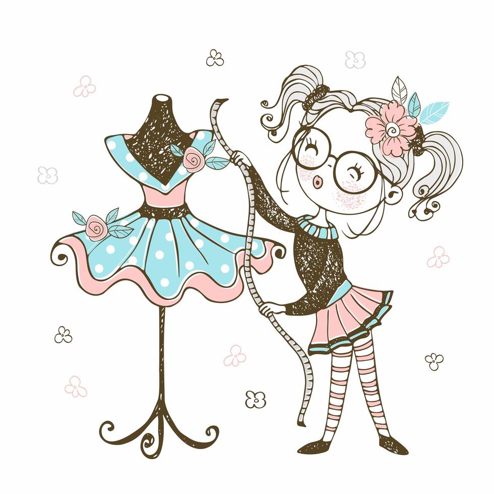 A cute little seamstress shows off the dress vector