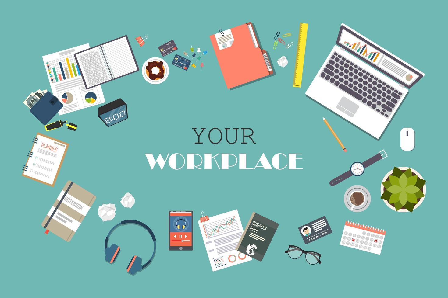 Top view of modern office workplace vector