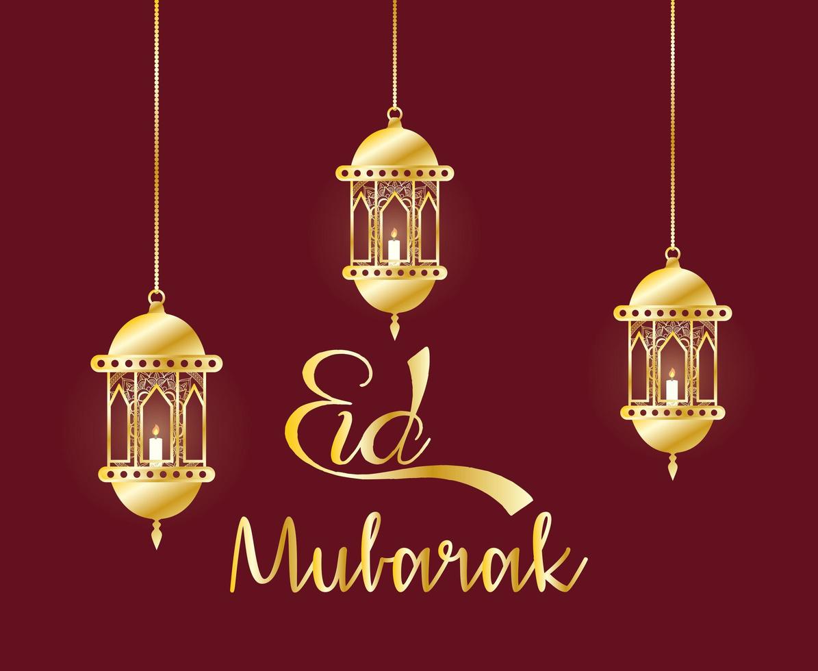 Banner de celebración de eid mubarak con lámparas colgantes. vector