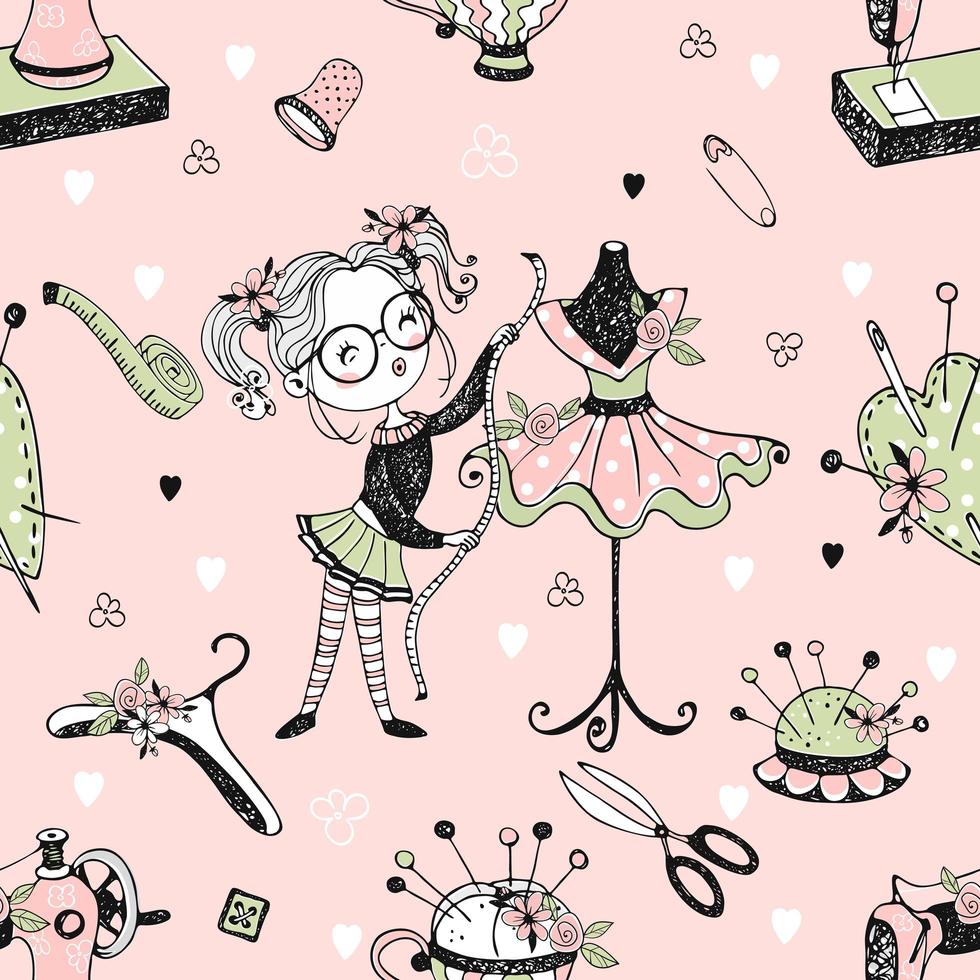 Seamless pattern with cute little dressmaker vector