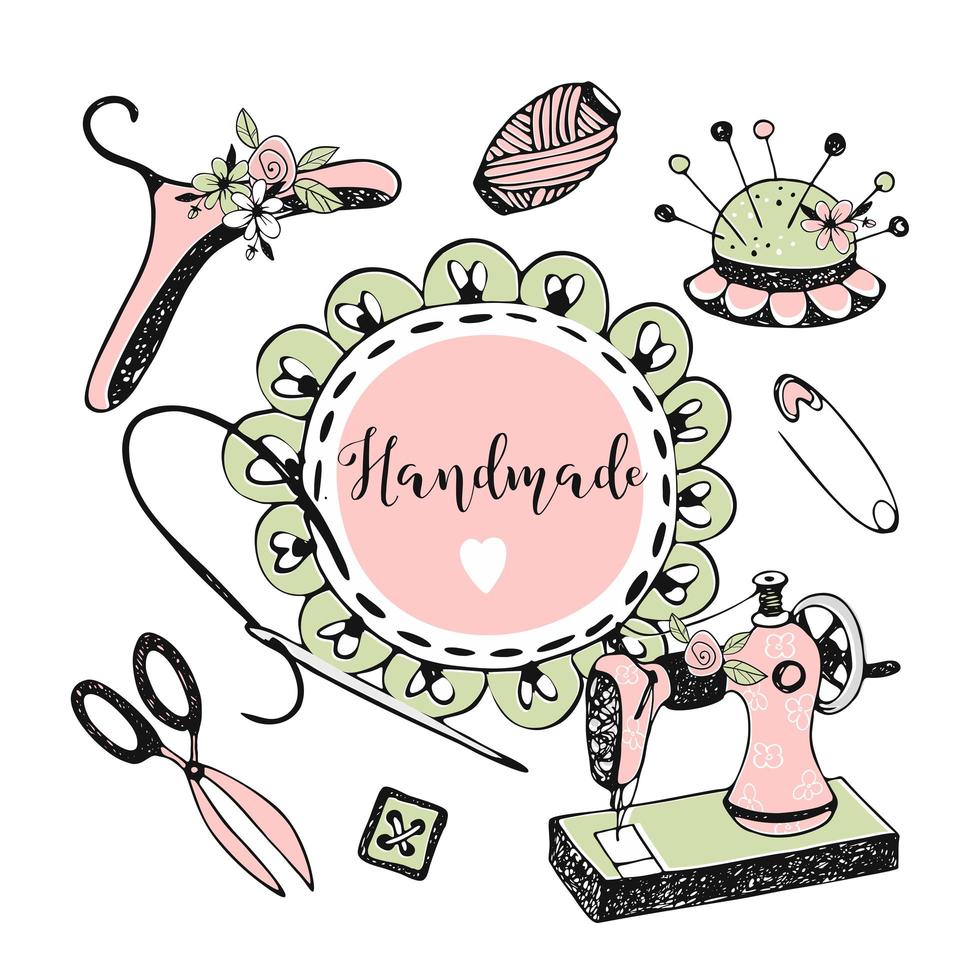 Doodle style frame with ruffle and sewing accessories. vector
