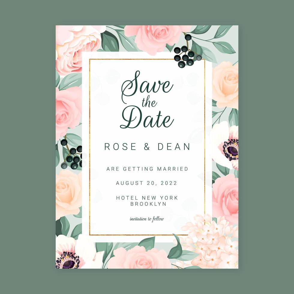 Plantilla vertical de tarjeta de invitación de boda de rosas vector