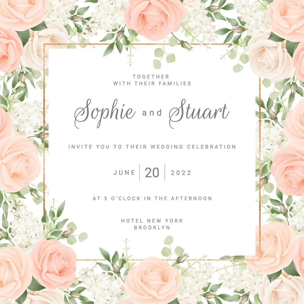 Plantilla de tarjeta de boda con marco de rosas ruborizadas vector