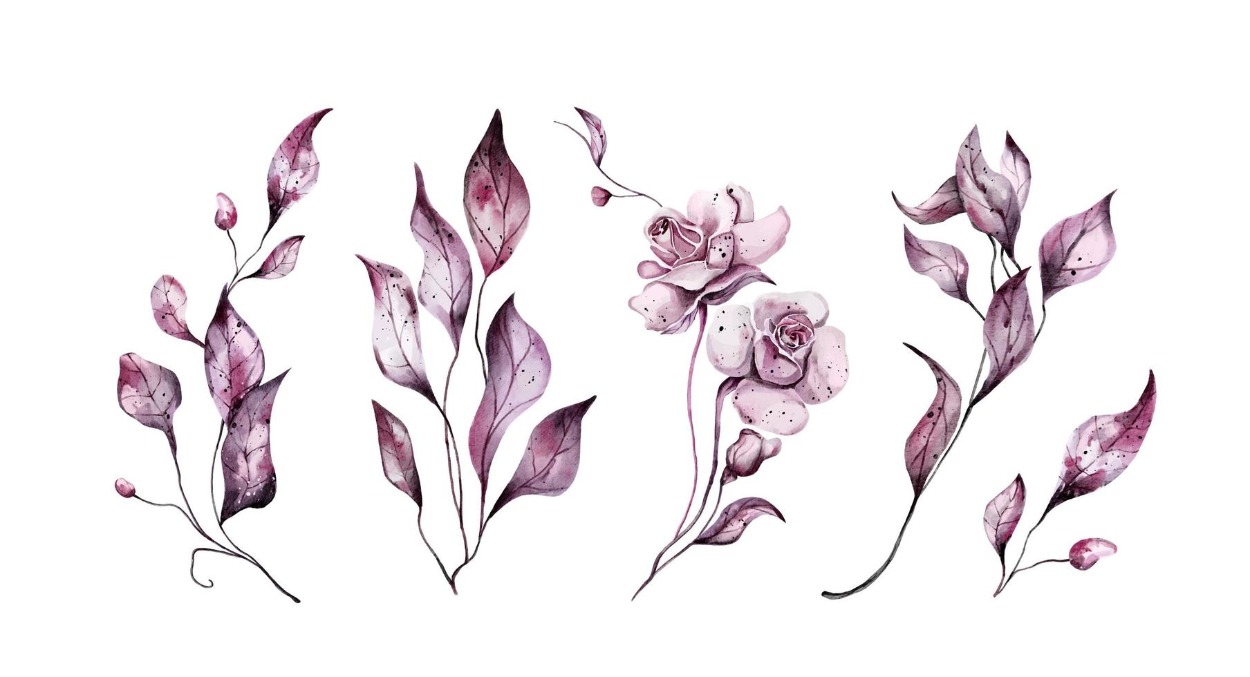 Pink watercolor flowers with leaves vector