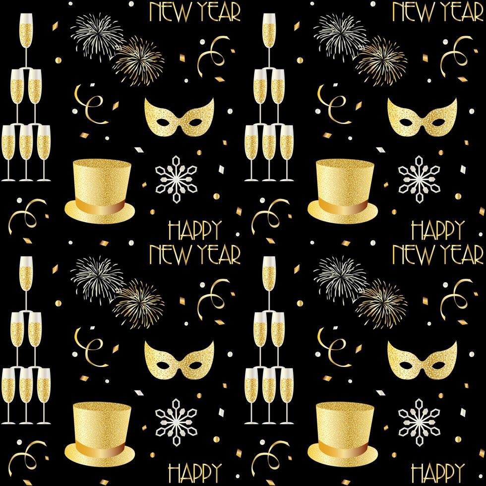 New years pattern with champagne fireworks and snowflakes vector