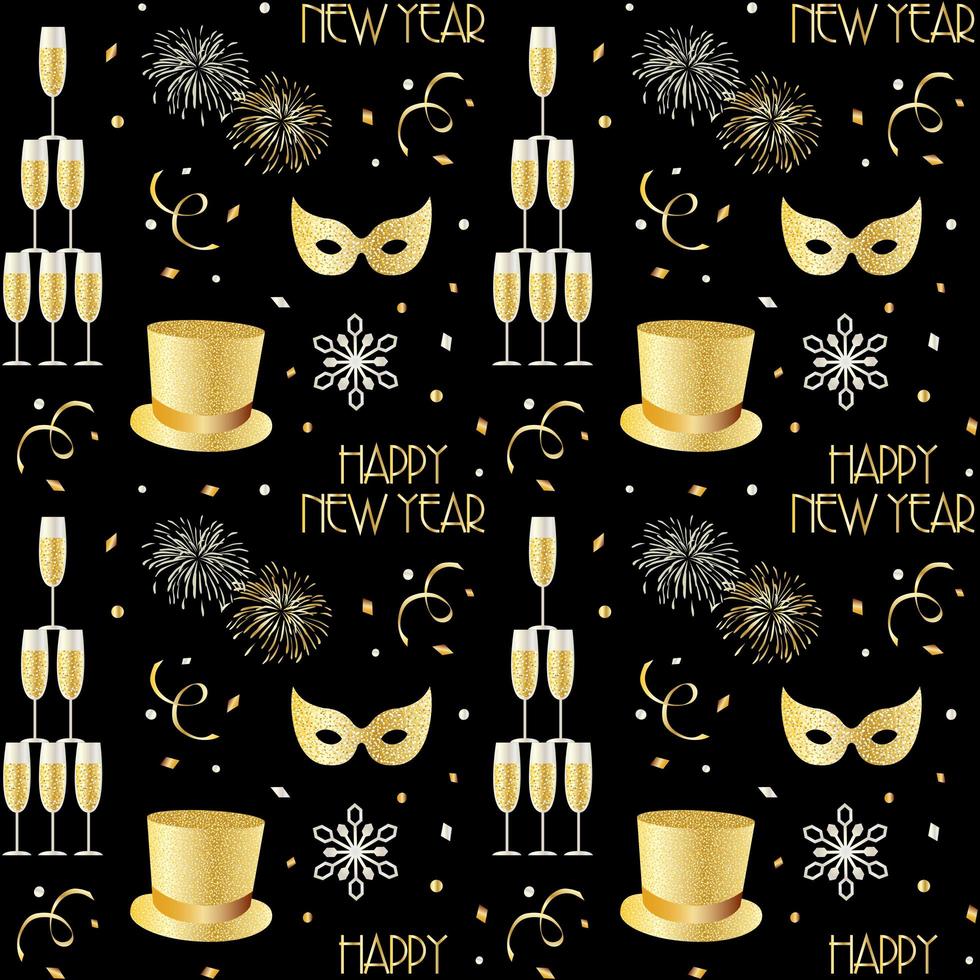 New years pattern with champagne fireworks and snowflakes vector