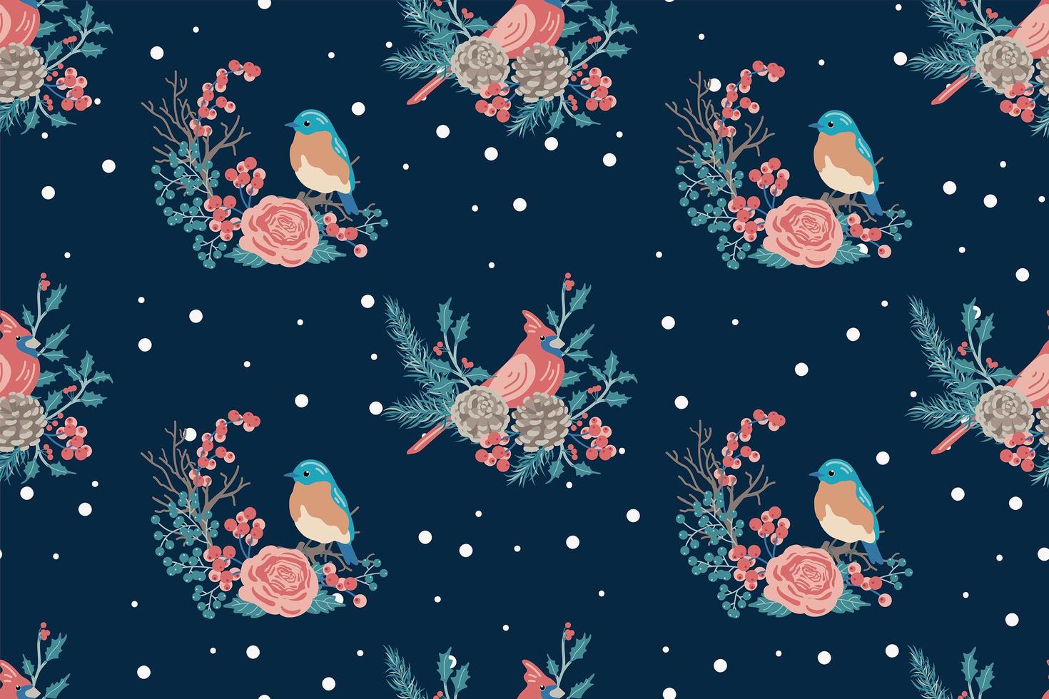 Winter bird and flowers seamless pattern vector