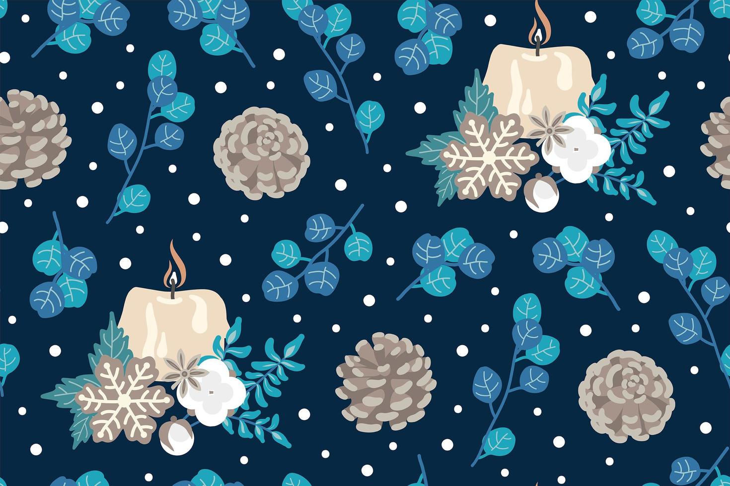 Winter candle and blue flowers seamless pattern vector