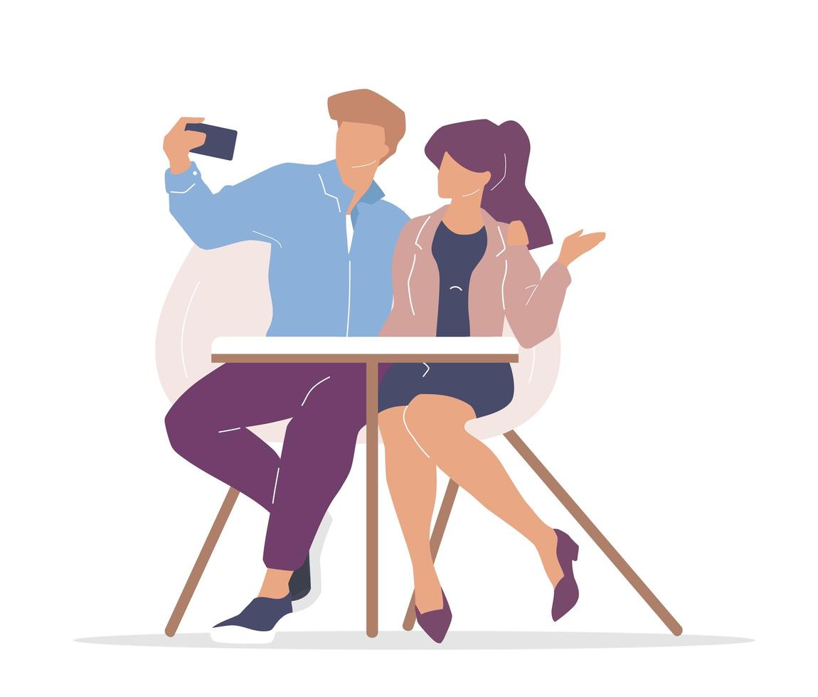 pareja en cafe tomando un selfie vector