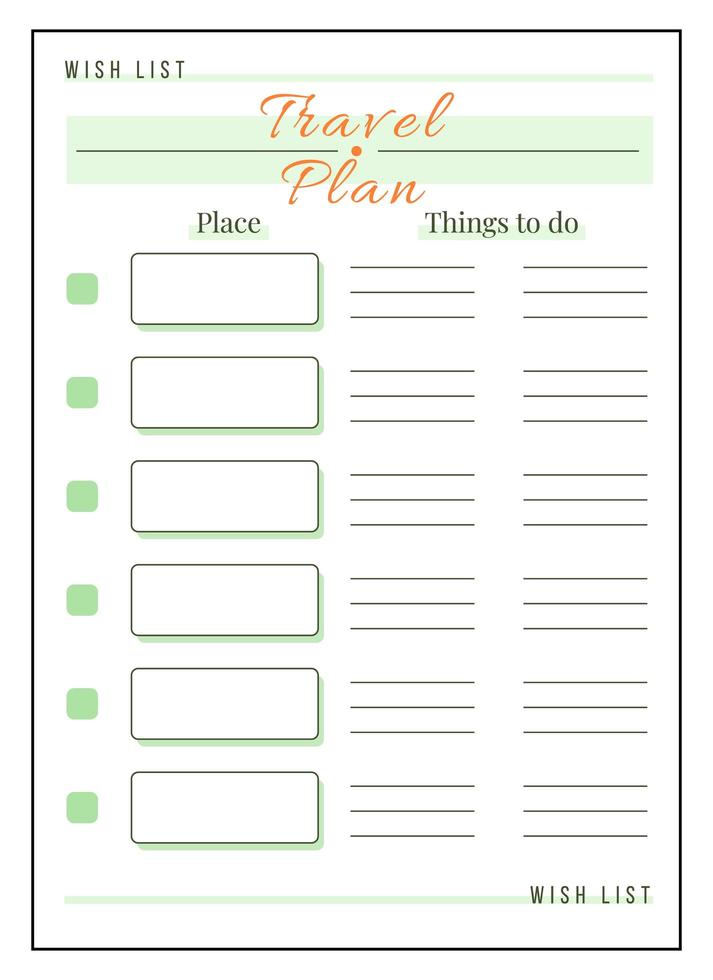 Travel plan minimalist planner page design vector