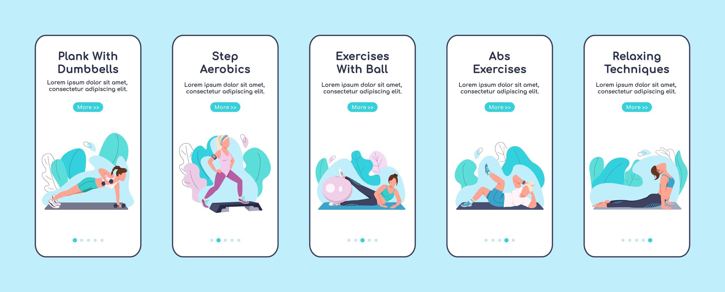 Fitness exercises onboarding mobile app screens vector